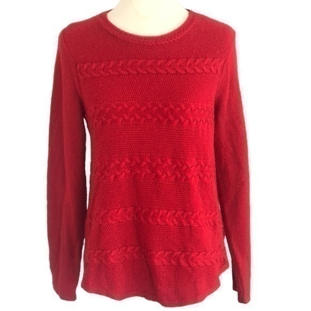 Ed St John’s Bay red cable knit sweater